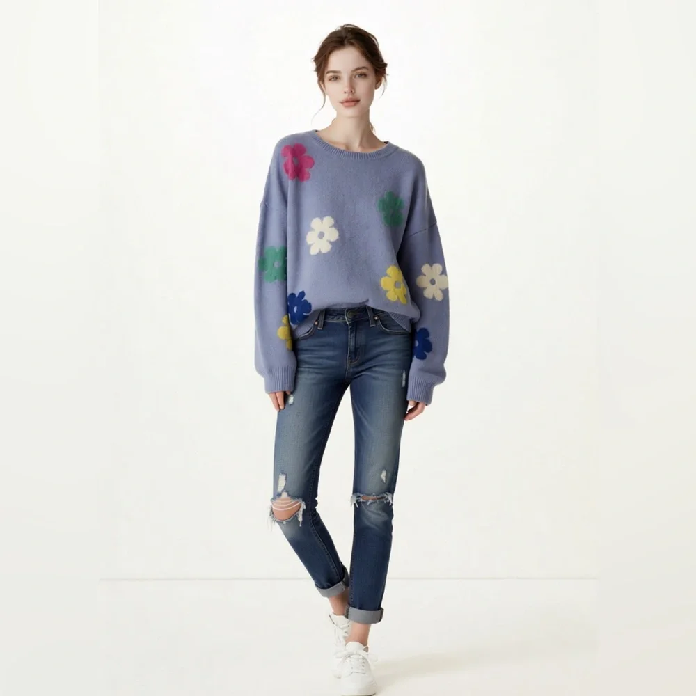 ADORA Woman’s Retro Pastel Floral Crew Neck Sweater Medium - Picture 1 of 7